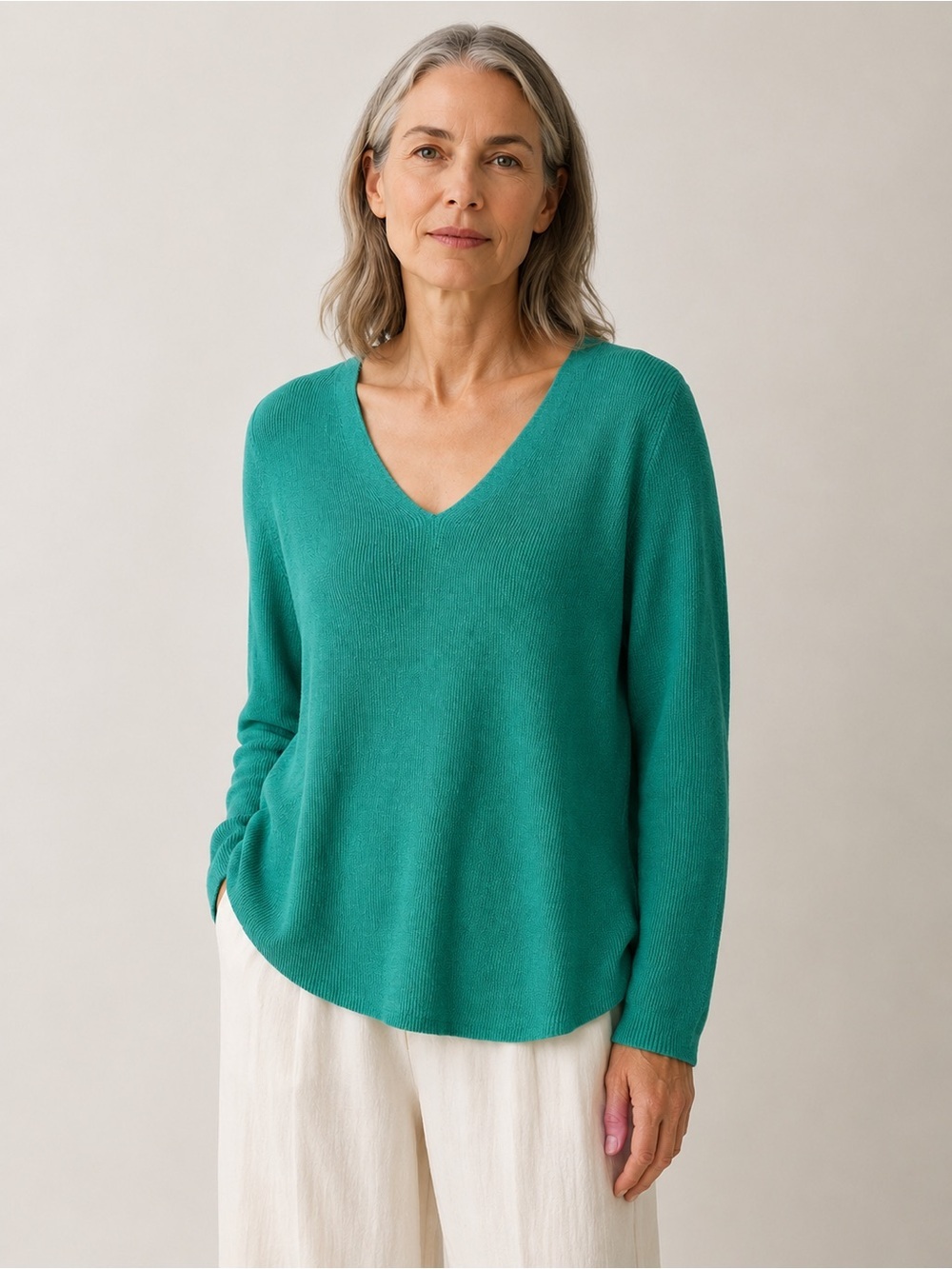 Eileen Fisher Linen Blend V-Neck Sweater Green Size Small
